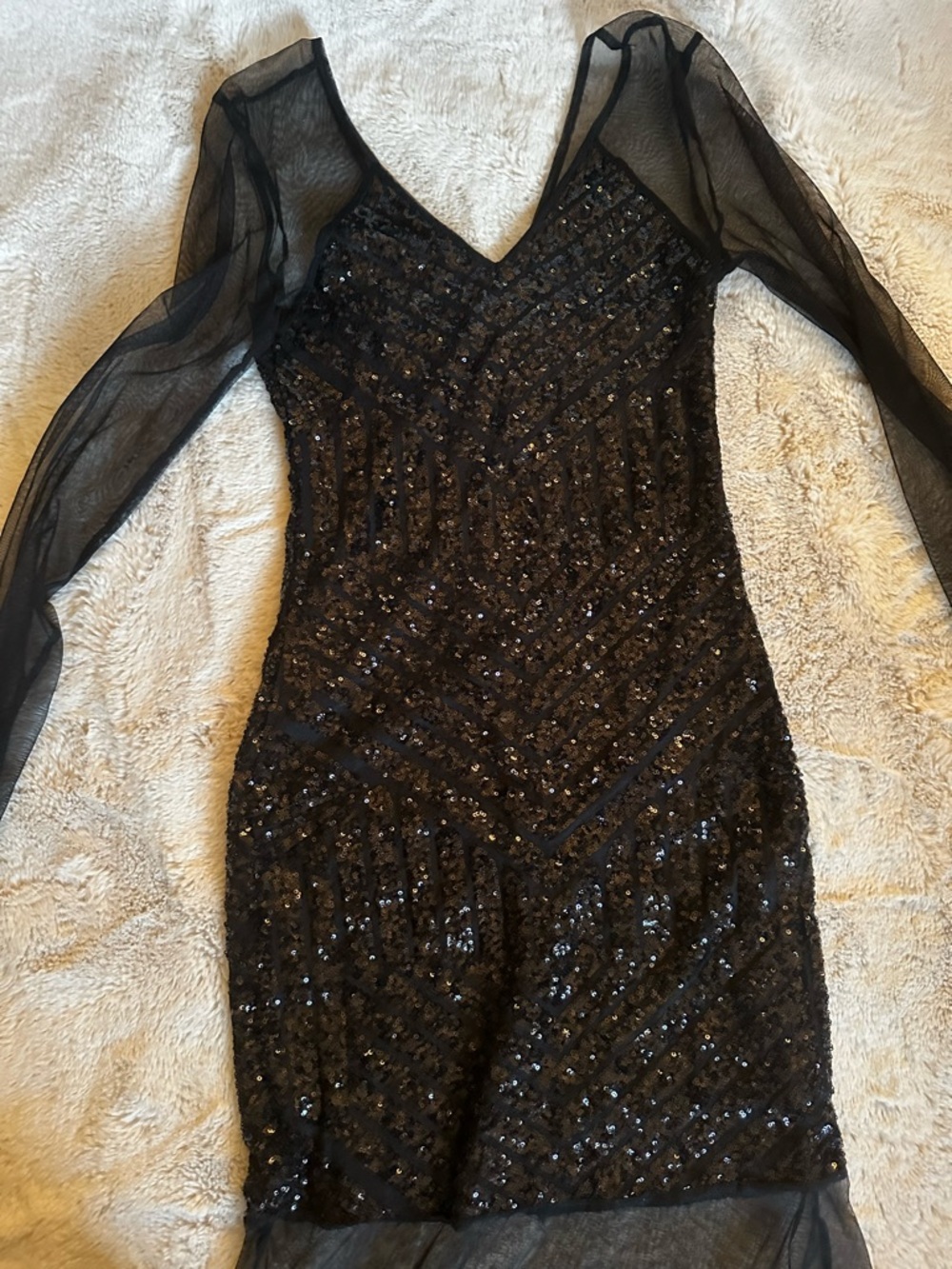 Black Sequin & Mesh Long-Sleeve Evening Gown - Picture 3 of 5